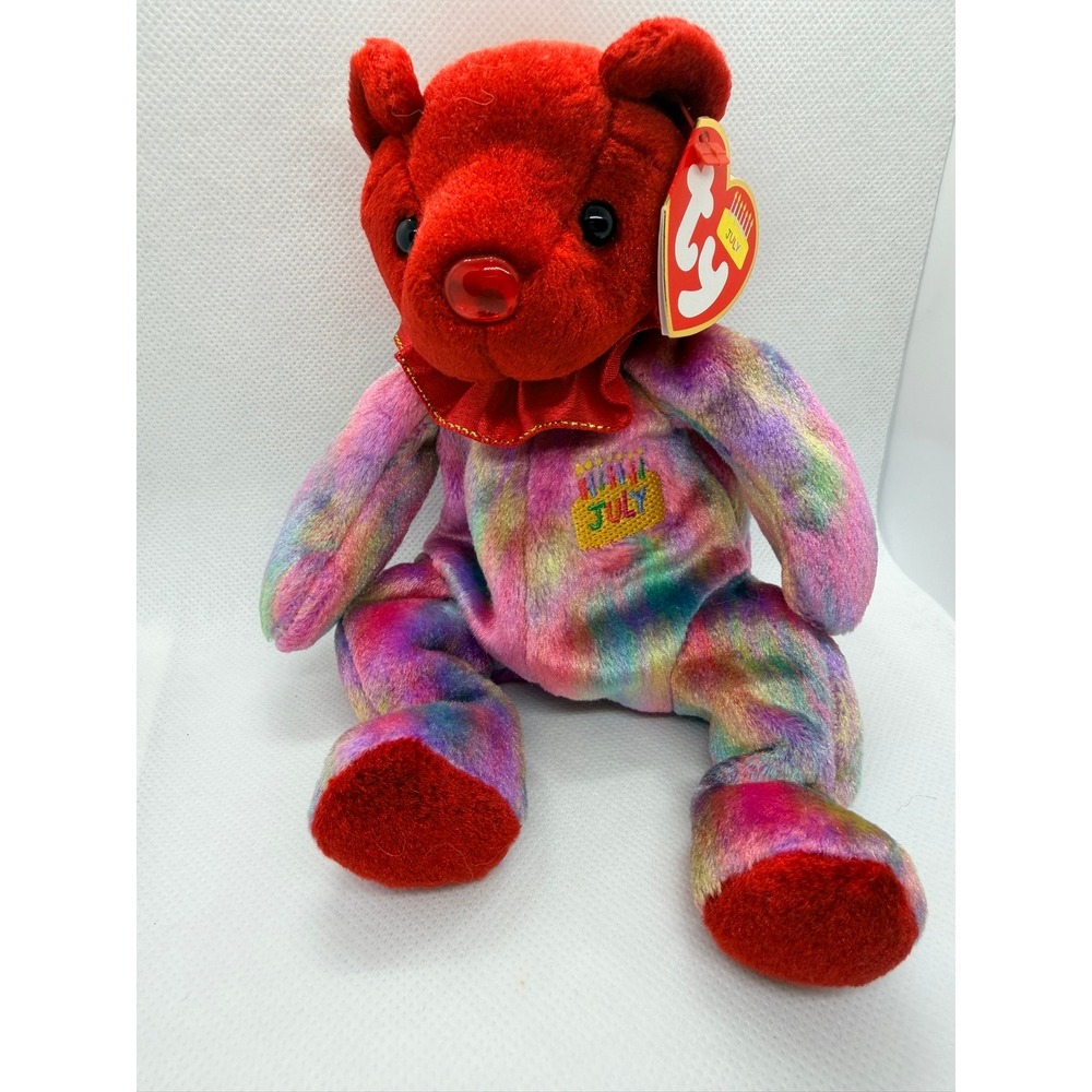 Ty Beanie Babies July Birthday Bear 2001 1st Gen Ruby Birthstone Red Tie Dye